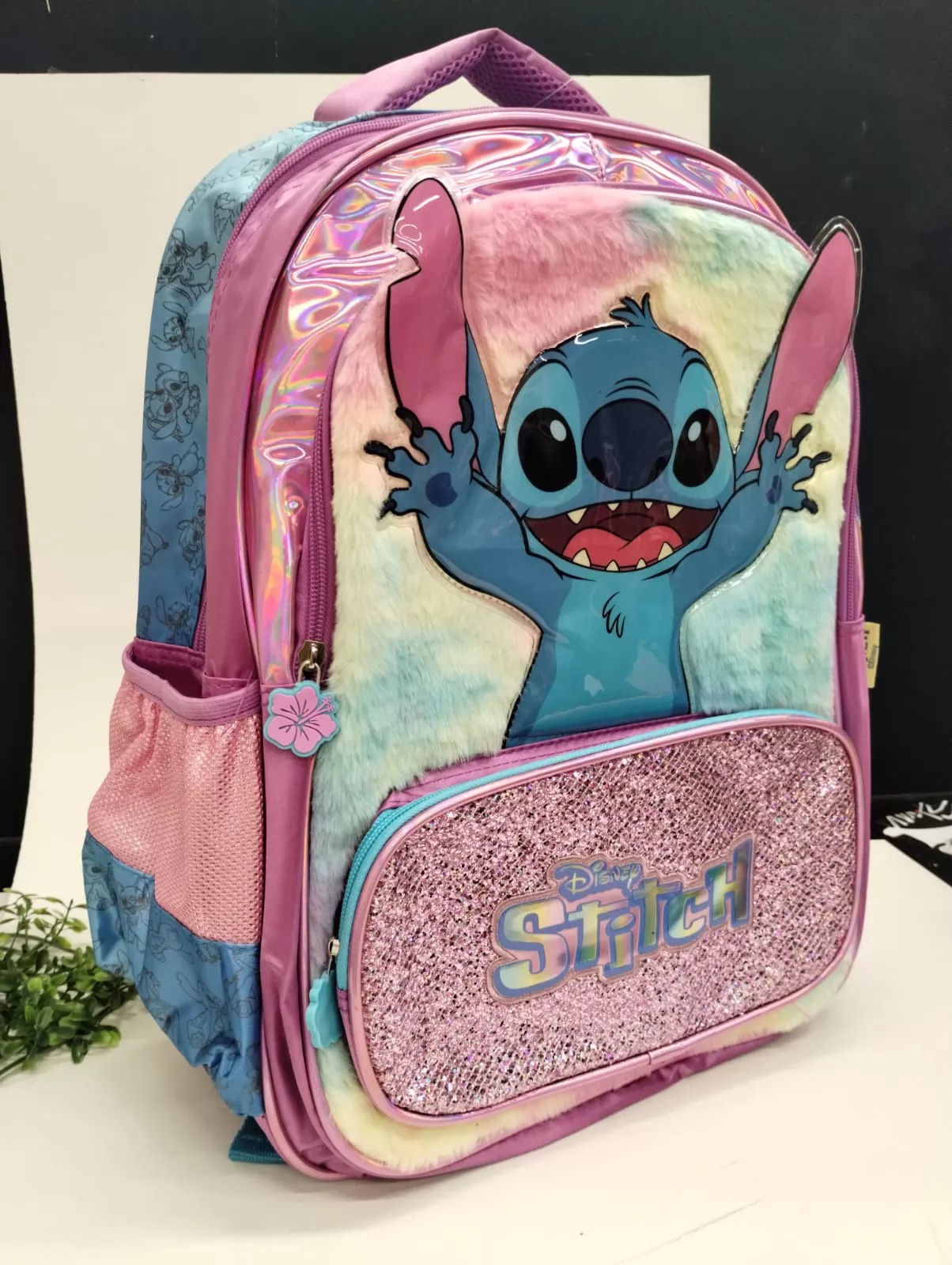 KIT MOCHILA COSTAS + LANCHEIRA STITCH ROXO COM PÊLOS