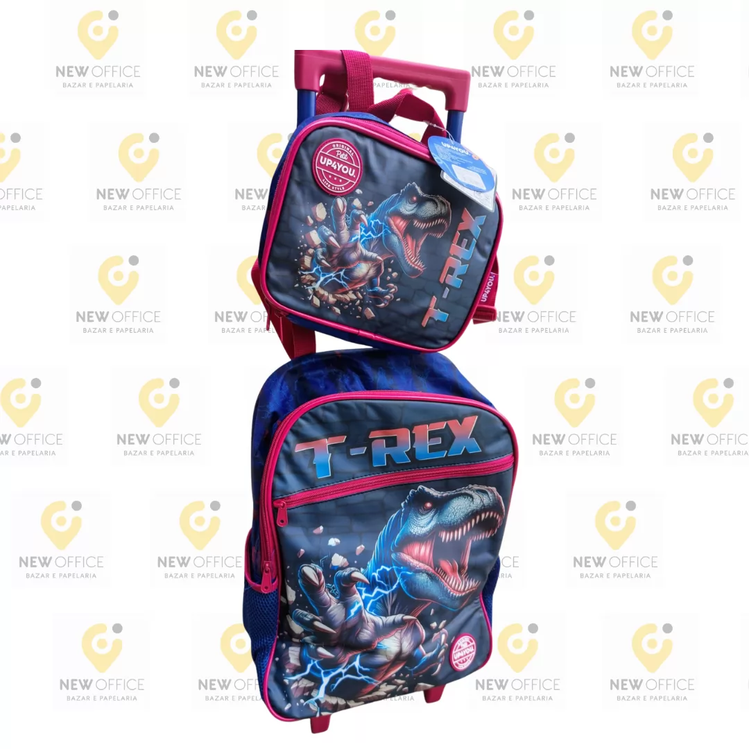 KIT MOCHILA COM RODAS + LANCHEIRA  KIT UP4YOU AZUL DINOSSAURO