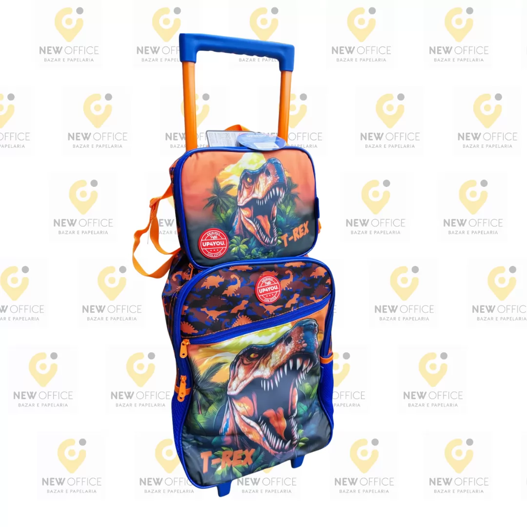 KIT MOCHILA COM RODAS + LANCHEIRA UP4YOU LARANJA DINOSSAURO