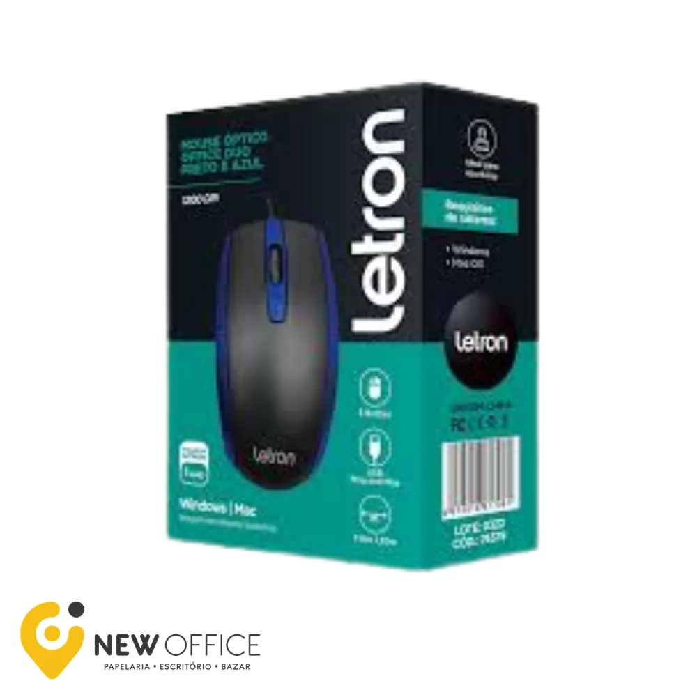 MOUSE OPTICO OFFICE DUO PRETO/AZUL FIO ERGONOMICO 3D- LETRON