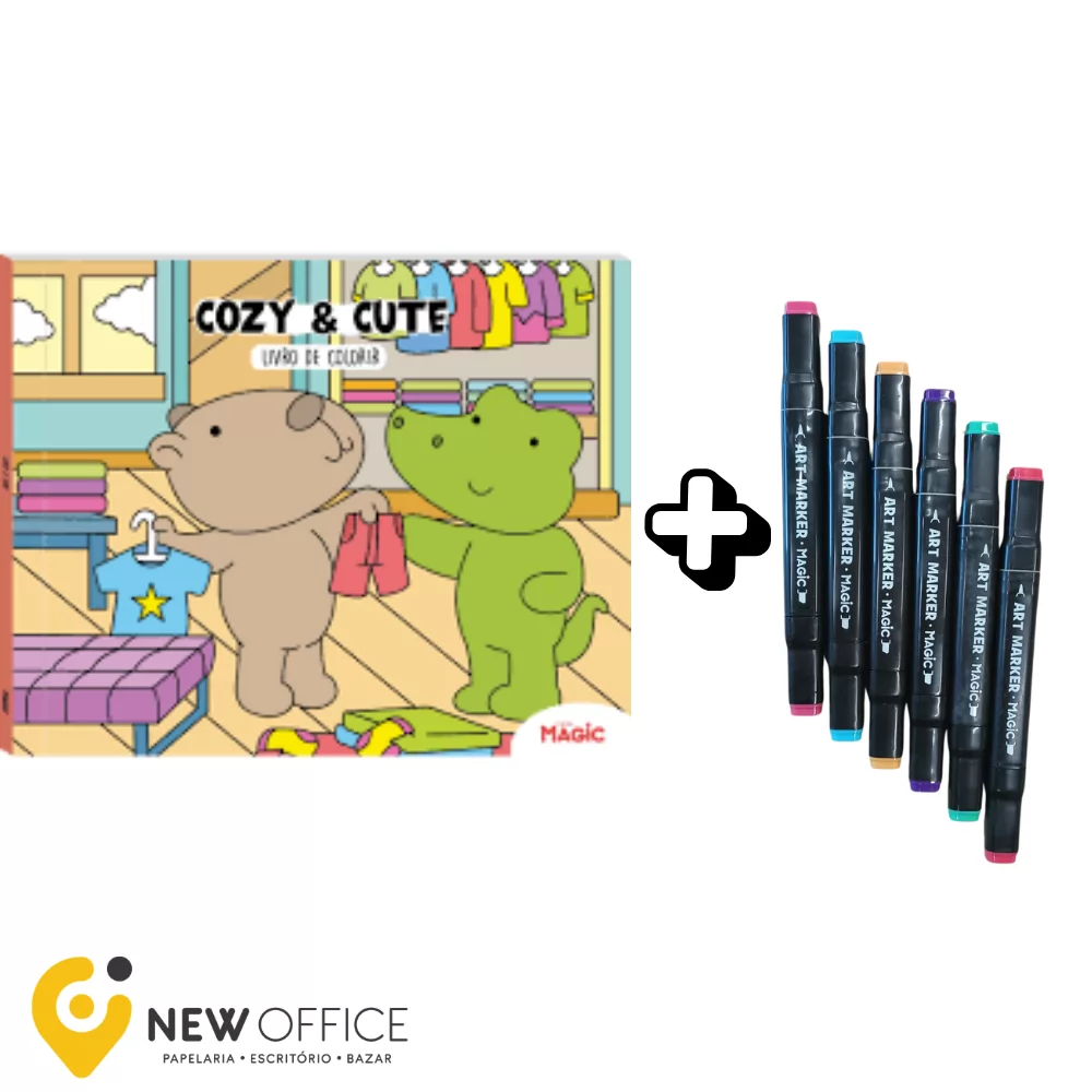 LIVRO DE COLORIR C/6 MARCADORES PONTA DUPLA COZY & CUTE - MAGIC