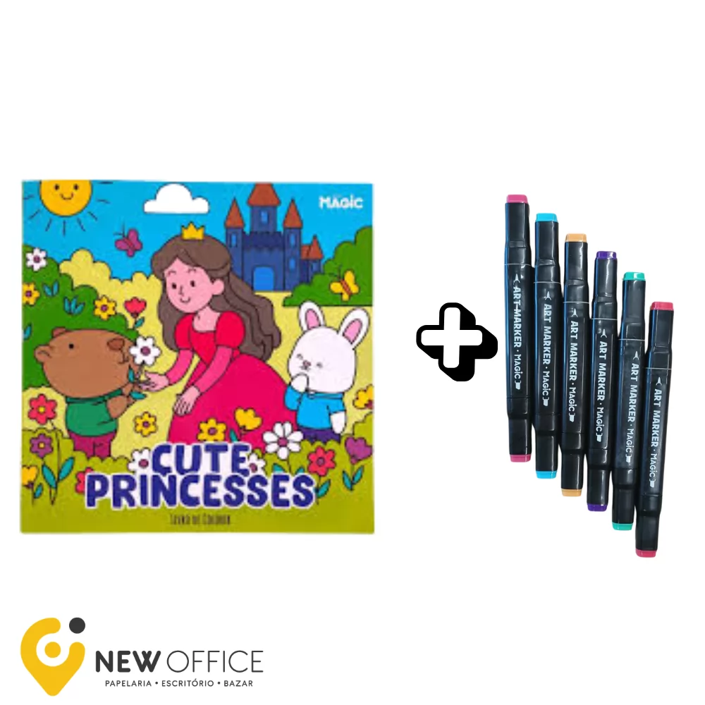 LIVRO DE COLORIR C/6 MARCADORES PONTA DUPLA CUTE PRINCESSES- MAGIC