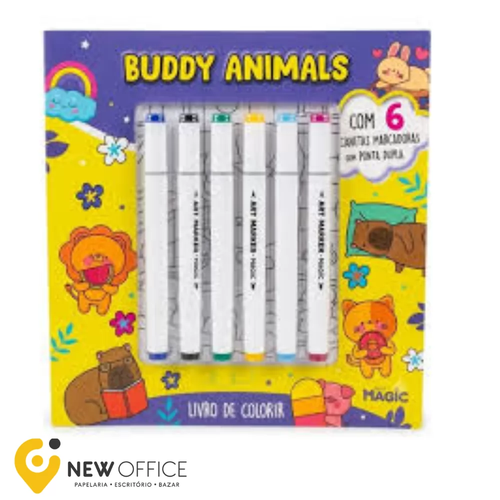 LIVRO COLORIR C/6 MARCADORES PONTA DUPLA BUDDY ANIMALS- MAGIC
