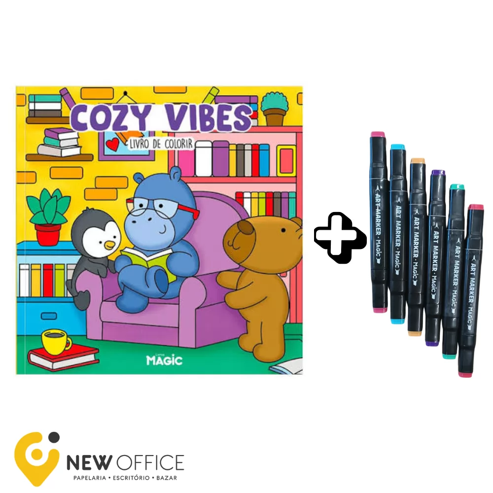 LIVRO DE COLORIR C/ 6 MARCADORES PONTA DUPLA COZY VIBES -  MAGIC