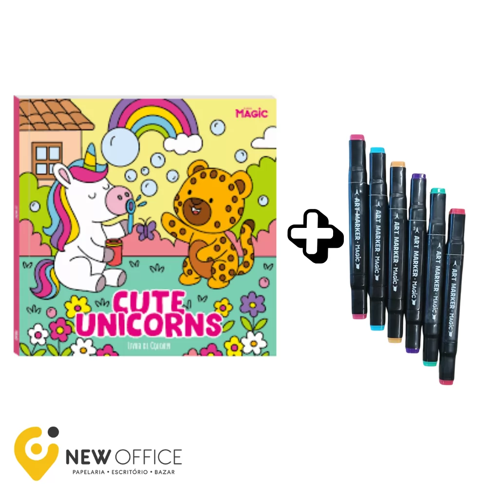 LIVRO DE COLORIR C/6 MARCADORES PONTA DUPLA CUTE UNICORNS-  MAGIC