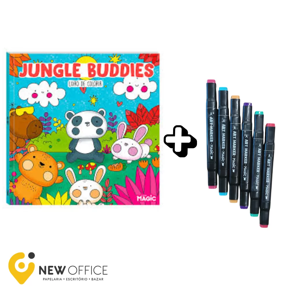 LIVRO DE COLORIR C/6 MARCADORES PONTA DUPLA JUNGLE BUDDIES - MAGIC