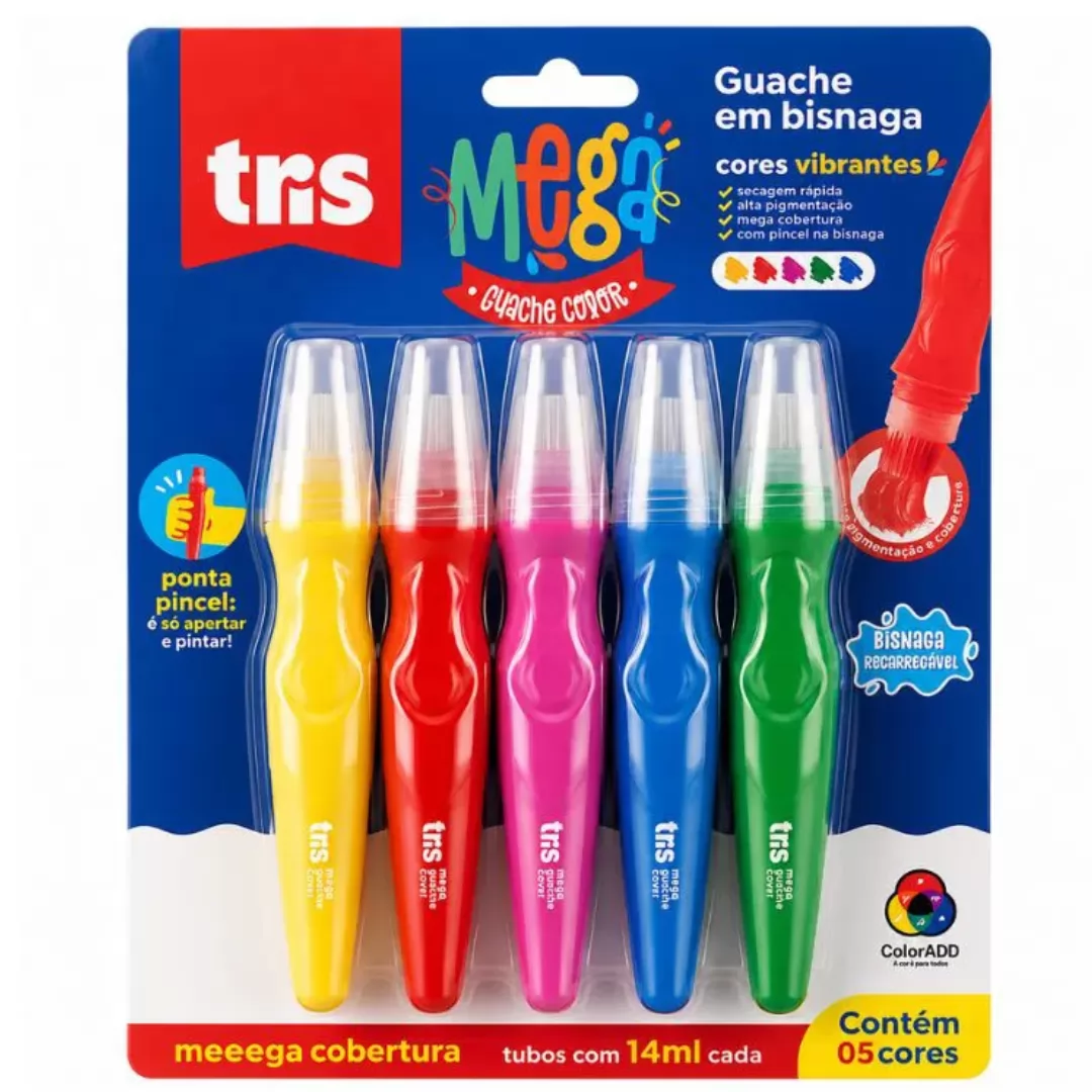 TINTA GUACHE EM BISNAGA C/5 CORES -TRIS